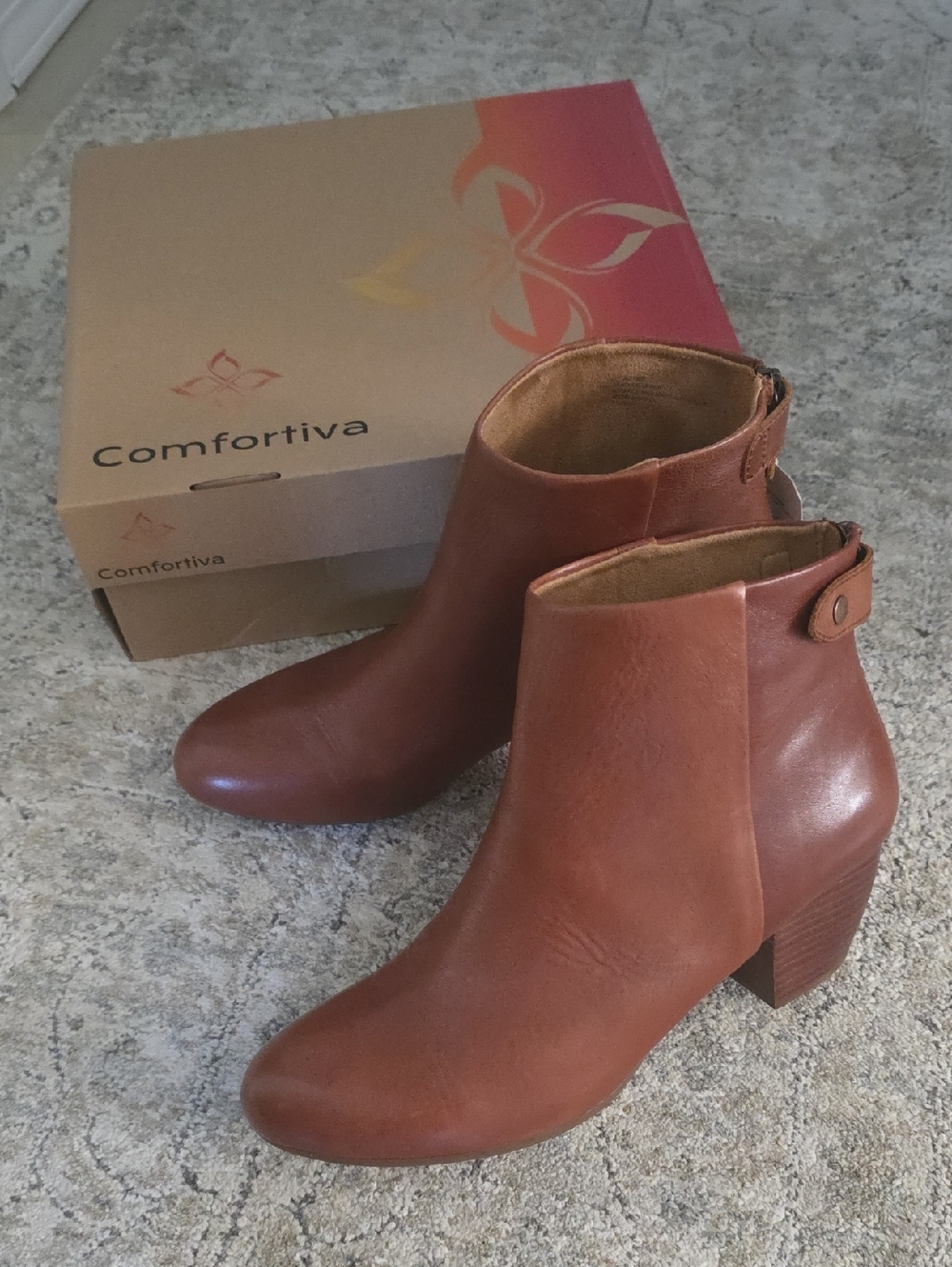 Comfortiva Cognac Leather Ankle Booties with Block Heel